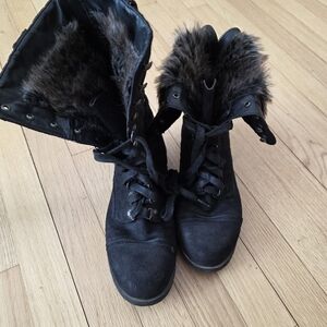 Acacia Swimwear Black Fur-Trimmed Combat Boots